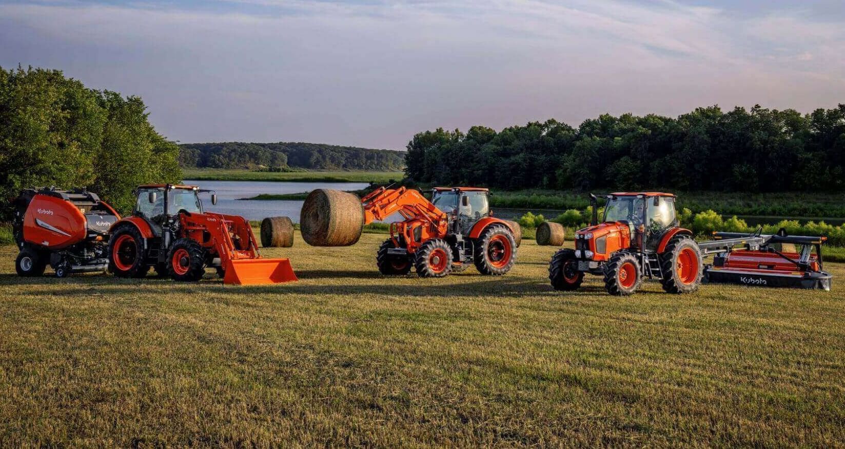 Showcase of Kubota equipment, including tractors with various attachments